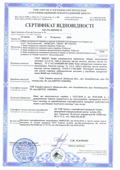 Фото сертифікату відповідності свіжообсмаженої кави, виготовленого нами в Україні